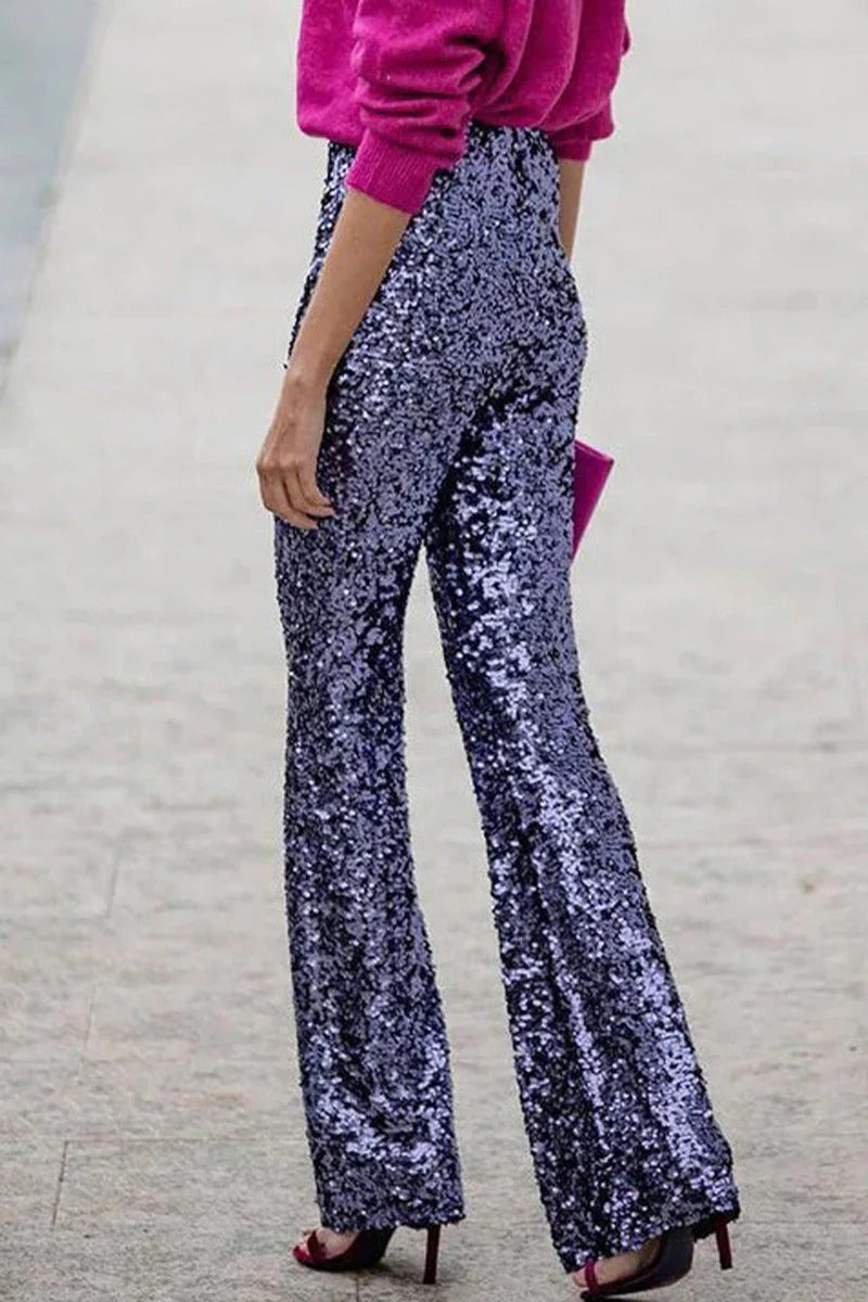 Women’s High Waist Pants with Straight Leg and All-Over Sequin