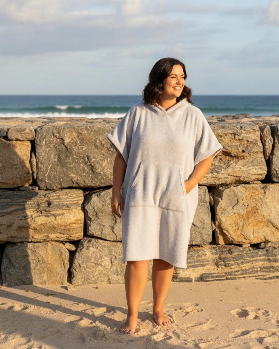 Women’s Hooded Poncho Midi Dress with Short Sleeves and Front Pocket