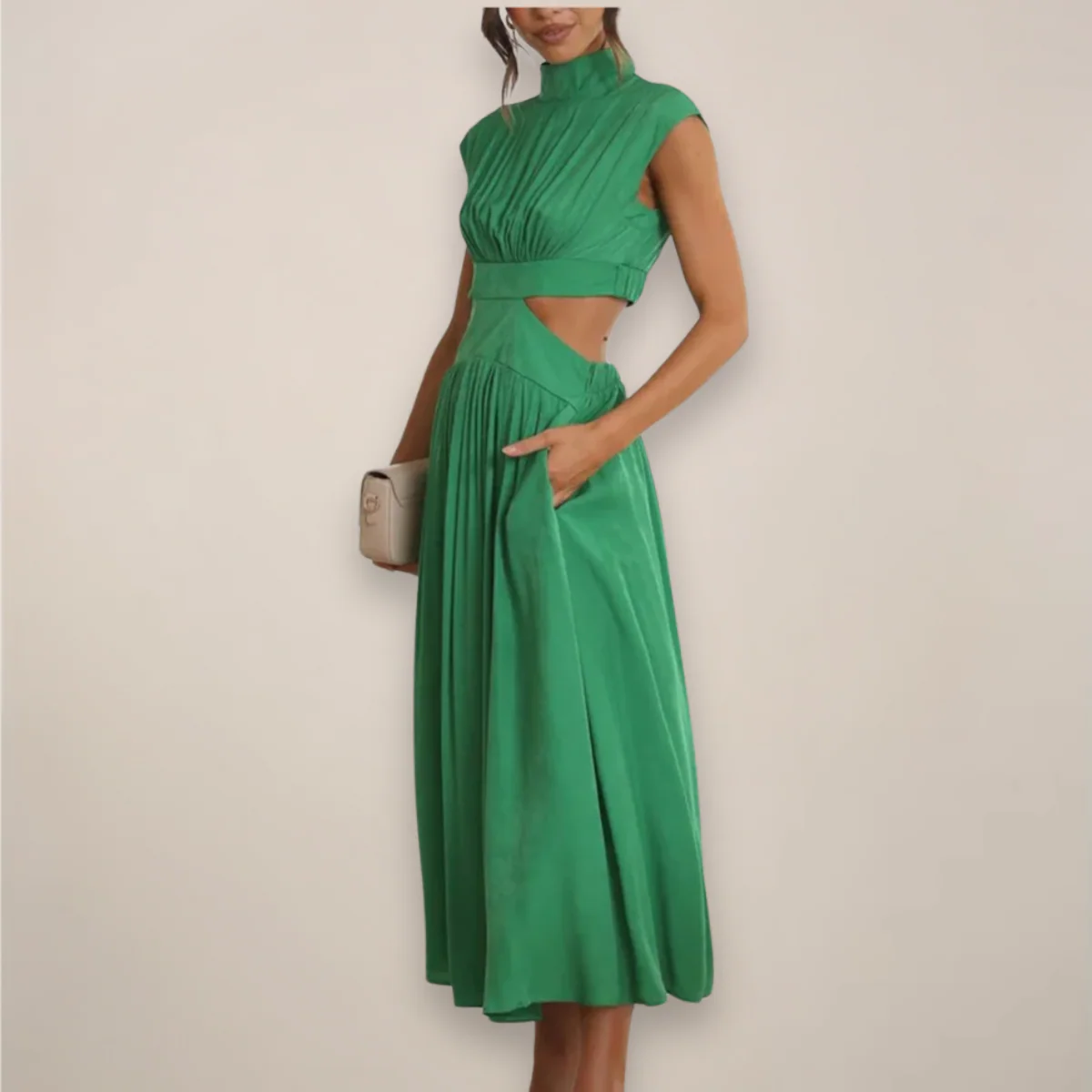 Women’s Mock Neck Maxi Dress with Sleeveless Cut and Cut-Out Waist