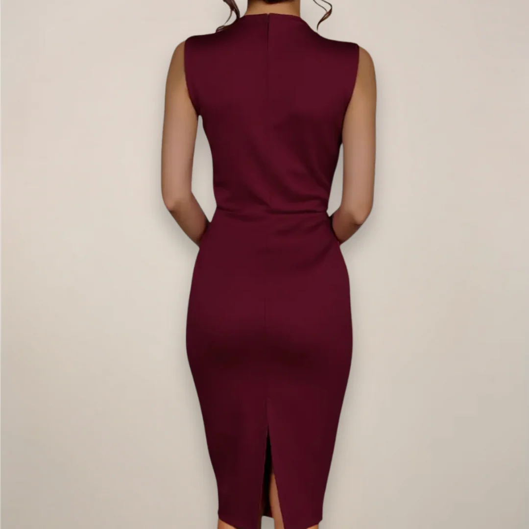 Women’s Mock Neck Midi Dress with Sleeveless Cut and Ruched Waist