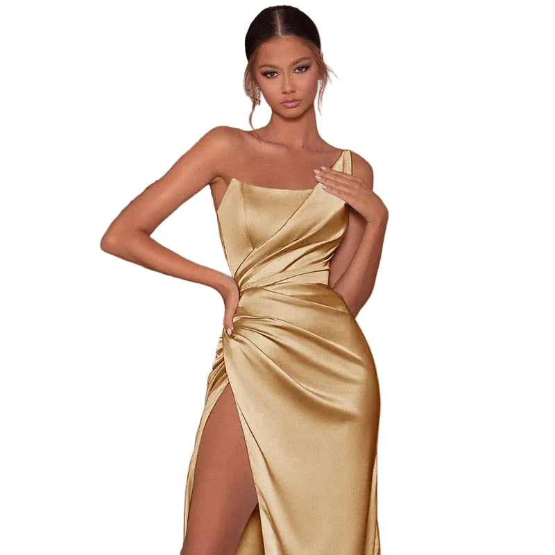 Women’s One-Shoulder Midi Dress with Ruched Waist and Side Slit