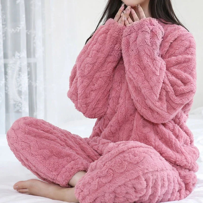 Women’s Plush Fleece Loungewear Set with Crew Neck Top and Elastic Waist Pants