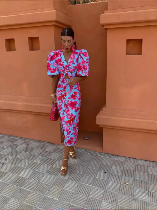 Women’s Printed Maxi Dress with Short Puff Sleeves and Fitted Waist