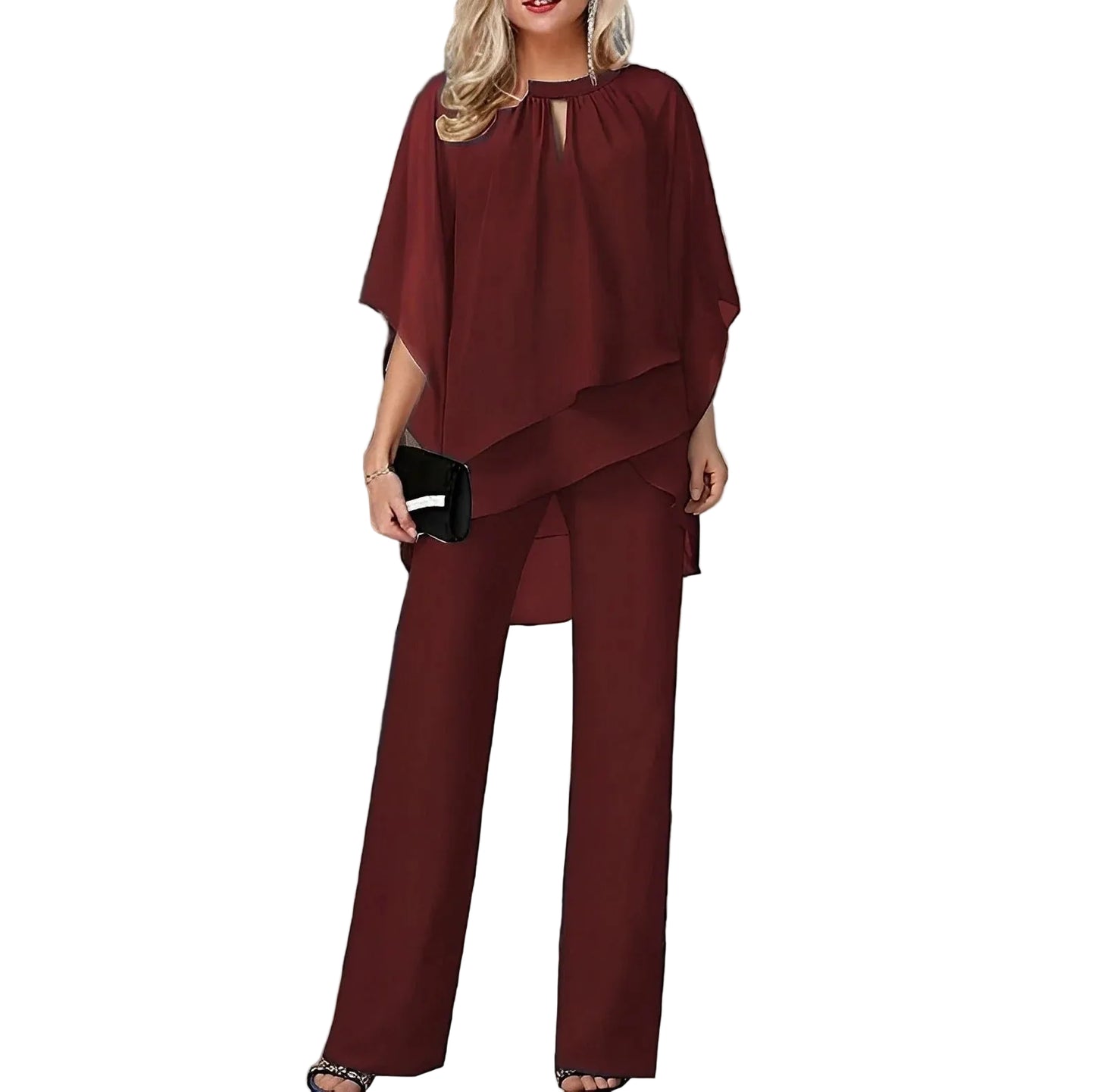 Women’s Round Neck Overlay Top and Full-Length Wide Leg Pants Set