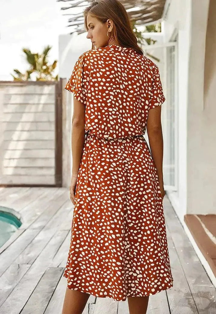 Women’s Short Sleeve Midi Dress with V-Neckline and Tie Waist