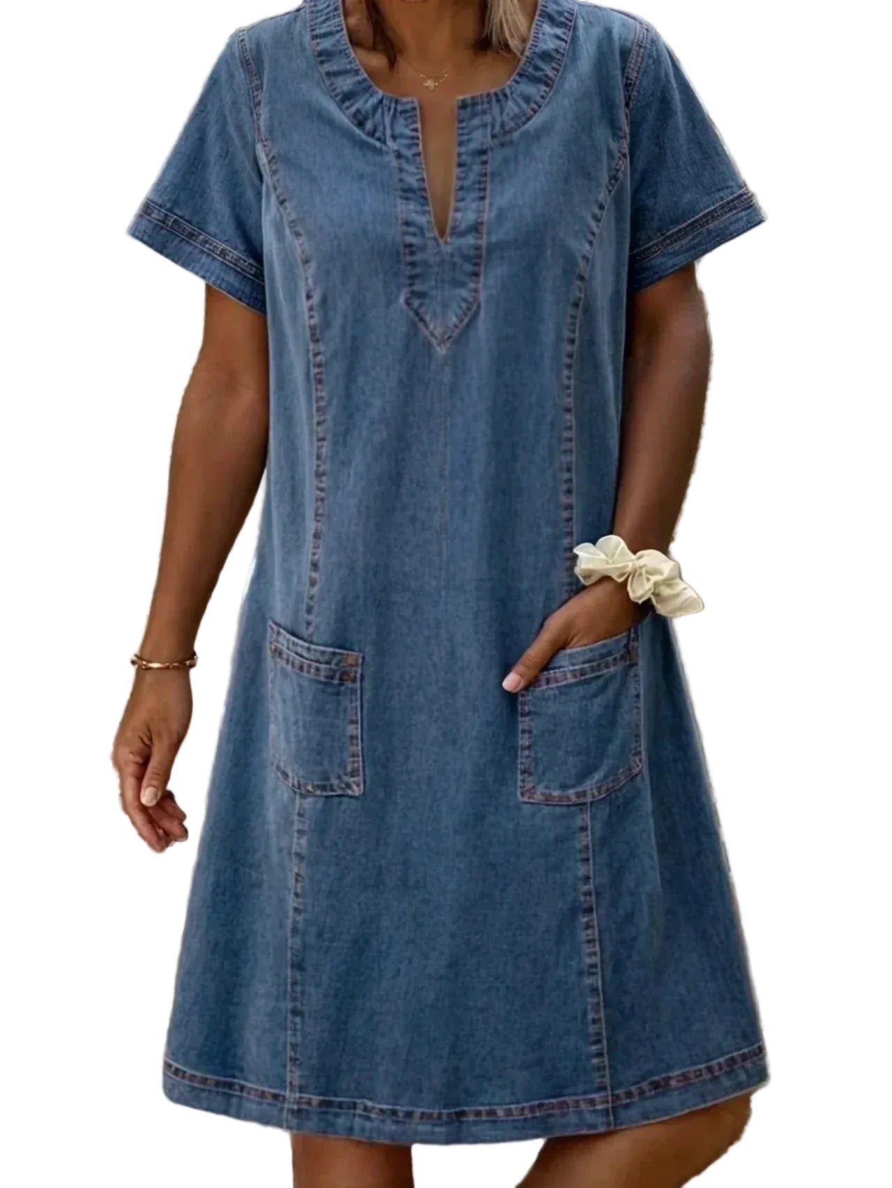 Women’s Short Sleeve Mini Dress with V-Neck and Patch Pockets