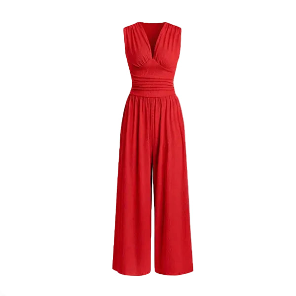 Women’s Sleeveless V-Neck Wide Leg Jumpsuit with Elastic Waist