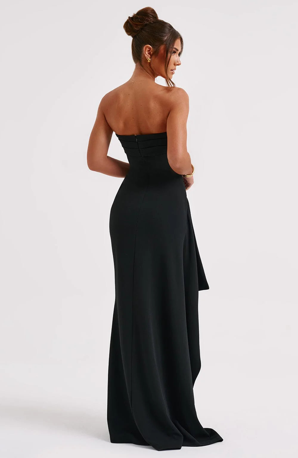 Women’s Strapless Maxi Dress with Ruched Panels and Side Slit