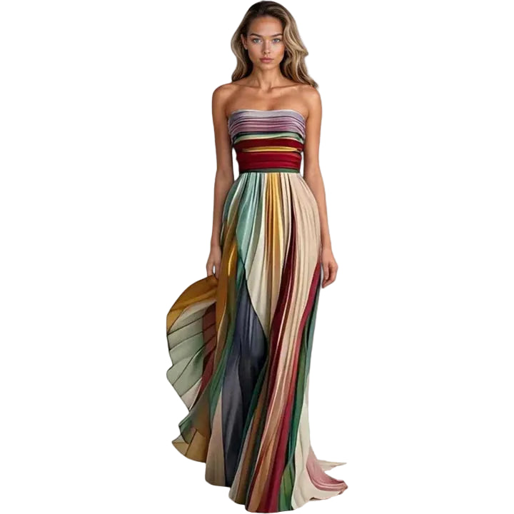 Women’s Strapless Maxi Dress with Vertical Stripe Pattern