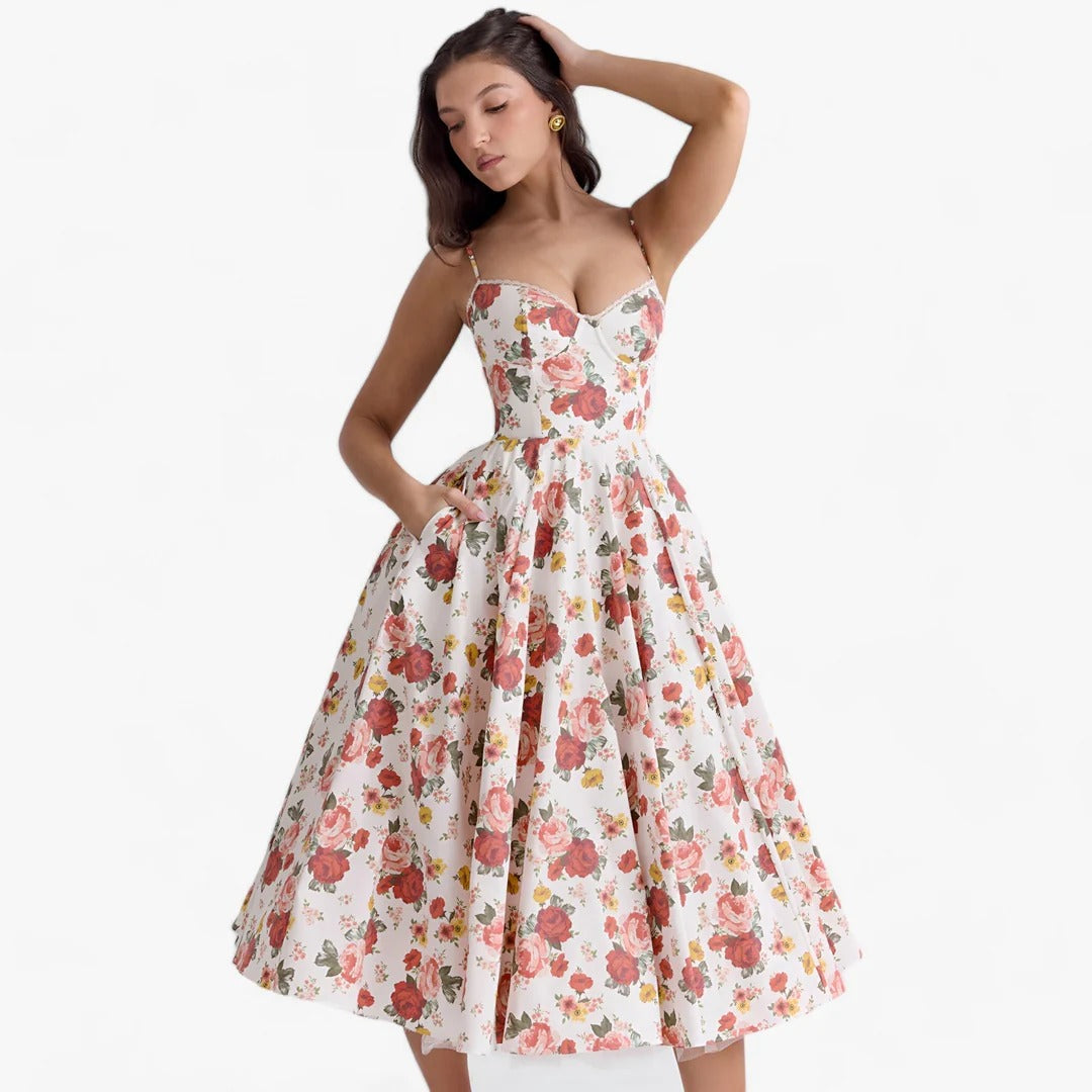 Women’s A-Line Midi Dress with Spaghetti Straps and Sweetheart Neckline