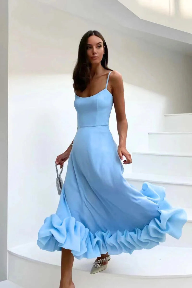 Women’s Adjustable Strap Midi Dress with Ruffled Hem