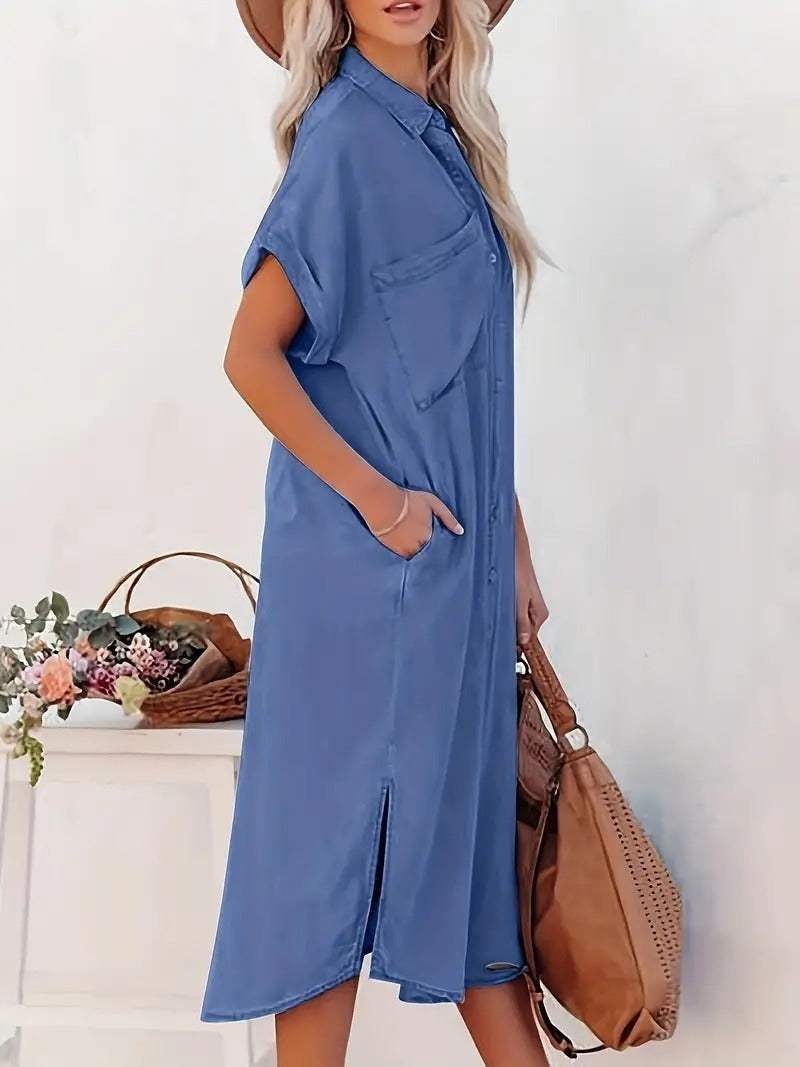 Women’s Button Front Midi Dress with Collar Neck and Side Slit