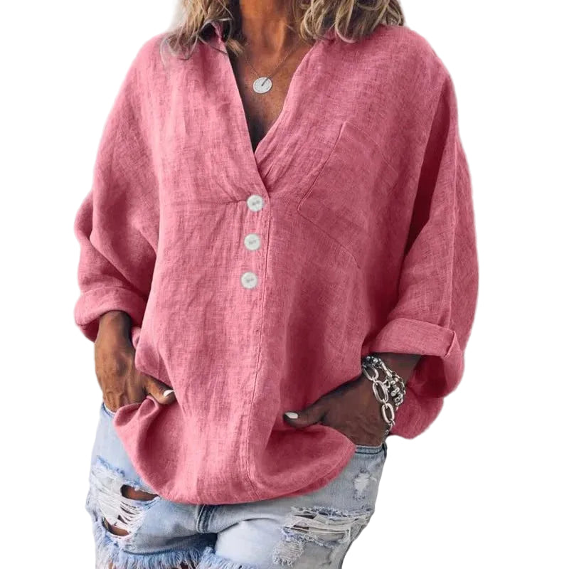 Women’s Button Front Blouse with V-Neckline and Chest Pocket