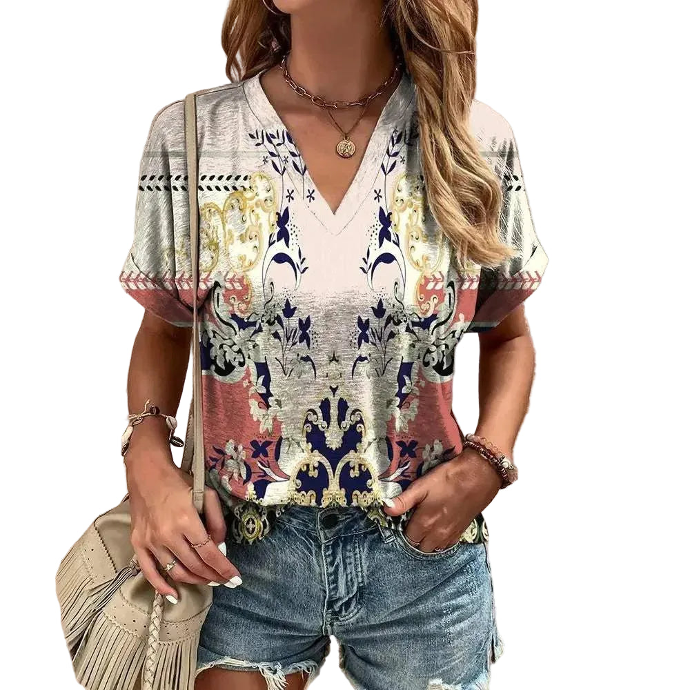 Women’s Casual Top with Short Sleeves and Decorative Print