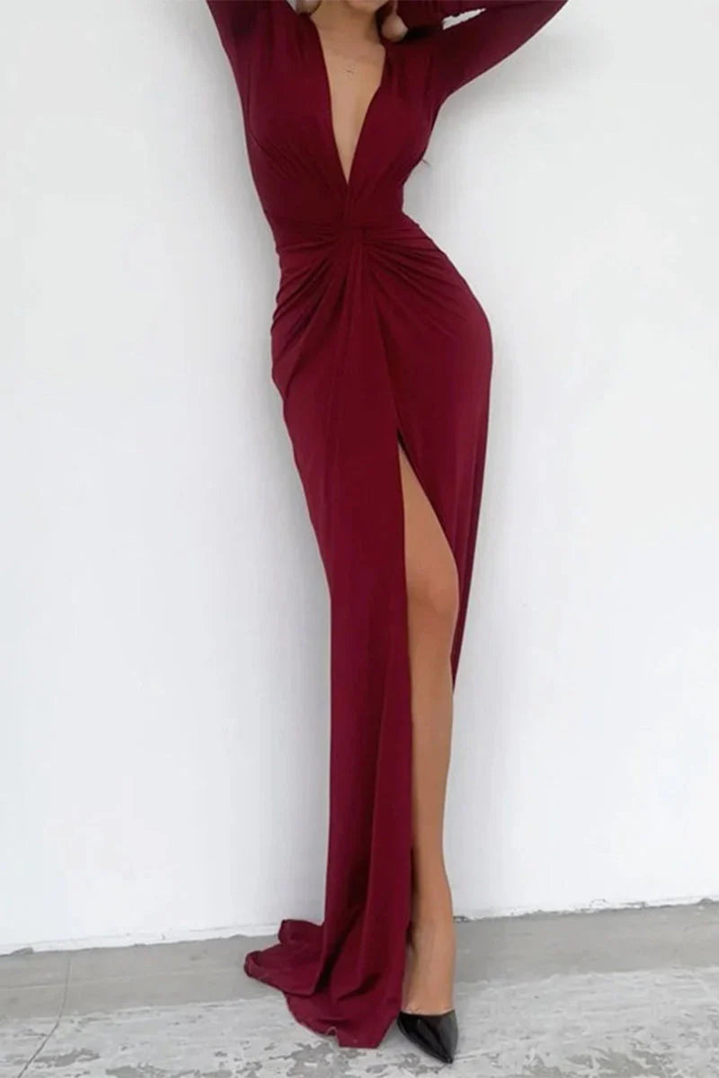 Women’s Deep V-Neck Long Sleeve Maxi Dress with Front Slit