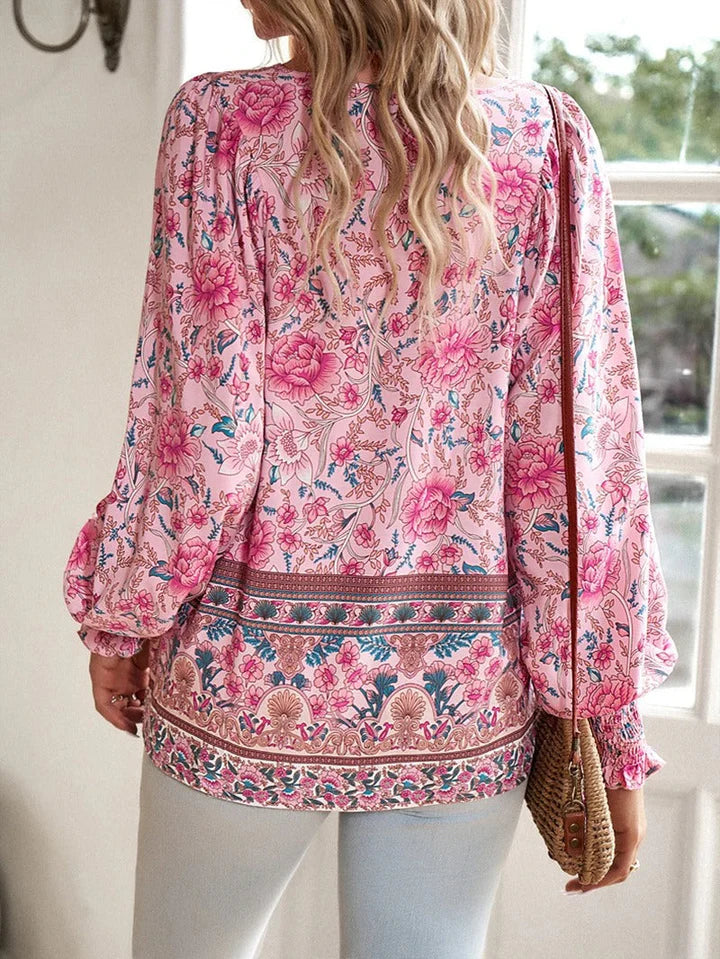 Women’s Floral Long Sleeve Blouse with V-Neck Tie