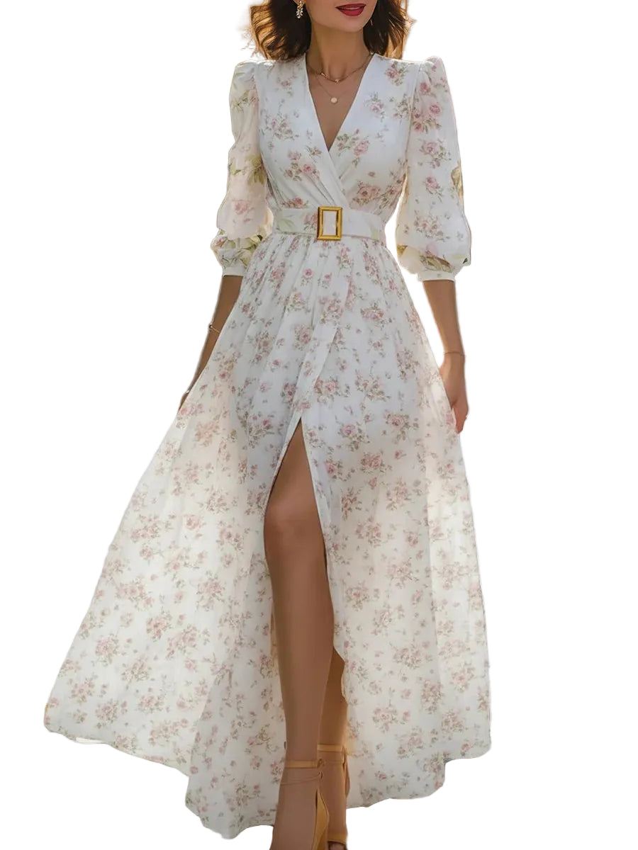 Women’s Floral V-Neck Wrap Maxi Dress with Belt and Long Sleeves