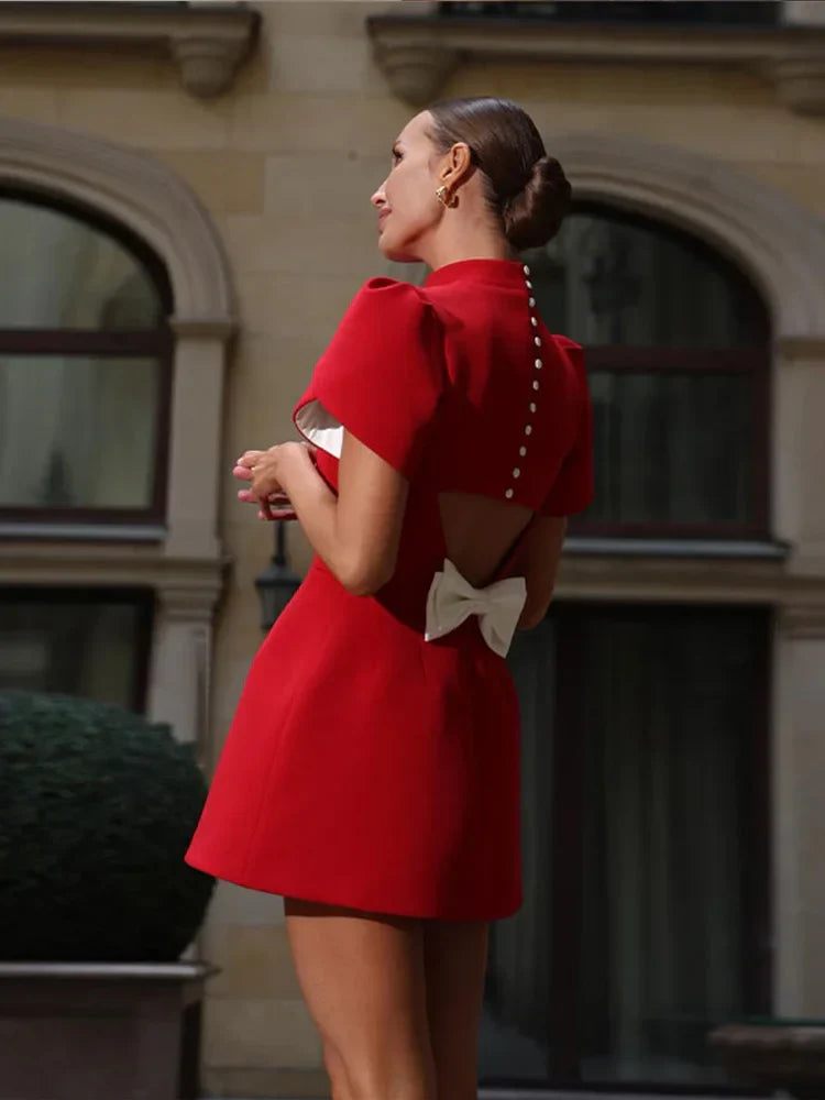 Women’s High Neck Mini Dress with Short Puff Sleeves