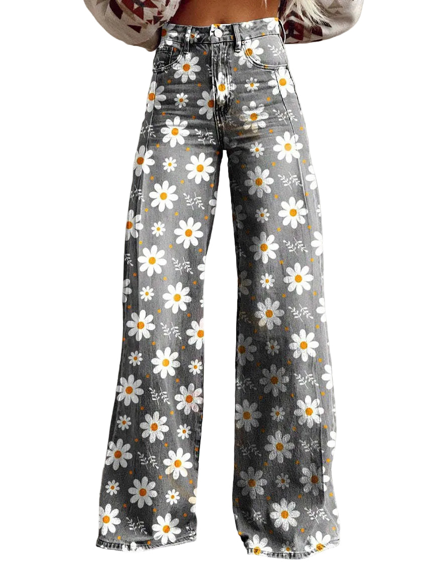 Women’s High-Waist Wide Leg Jeans with All-Over Floral Print