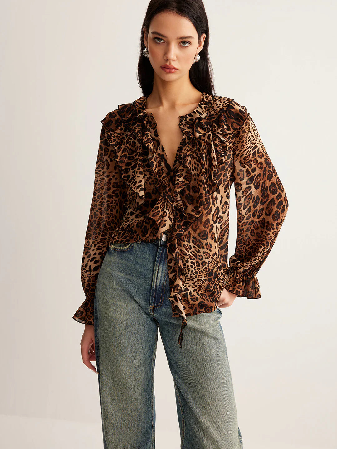 Women’s Leopard Print Ruffle Blouse with Long Sleeves