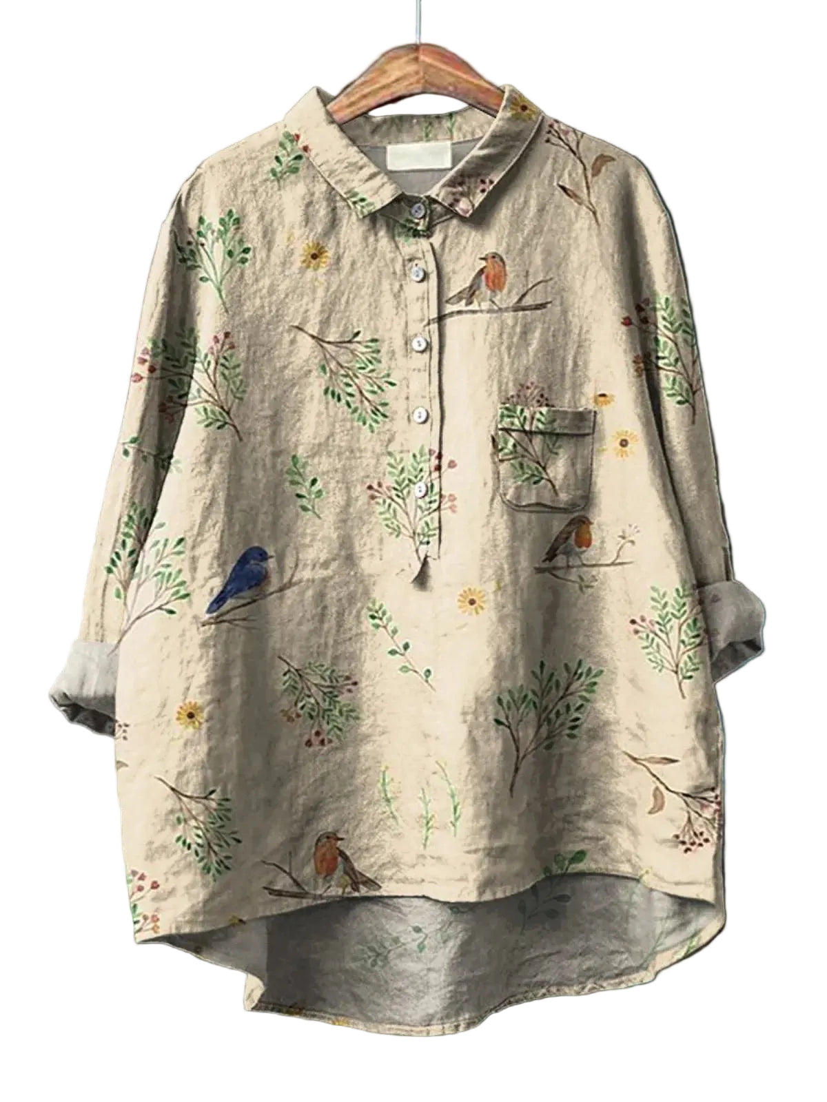 Women’s Long Sleeve Blouse with Bird Print and Button Front