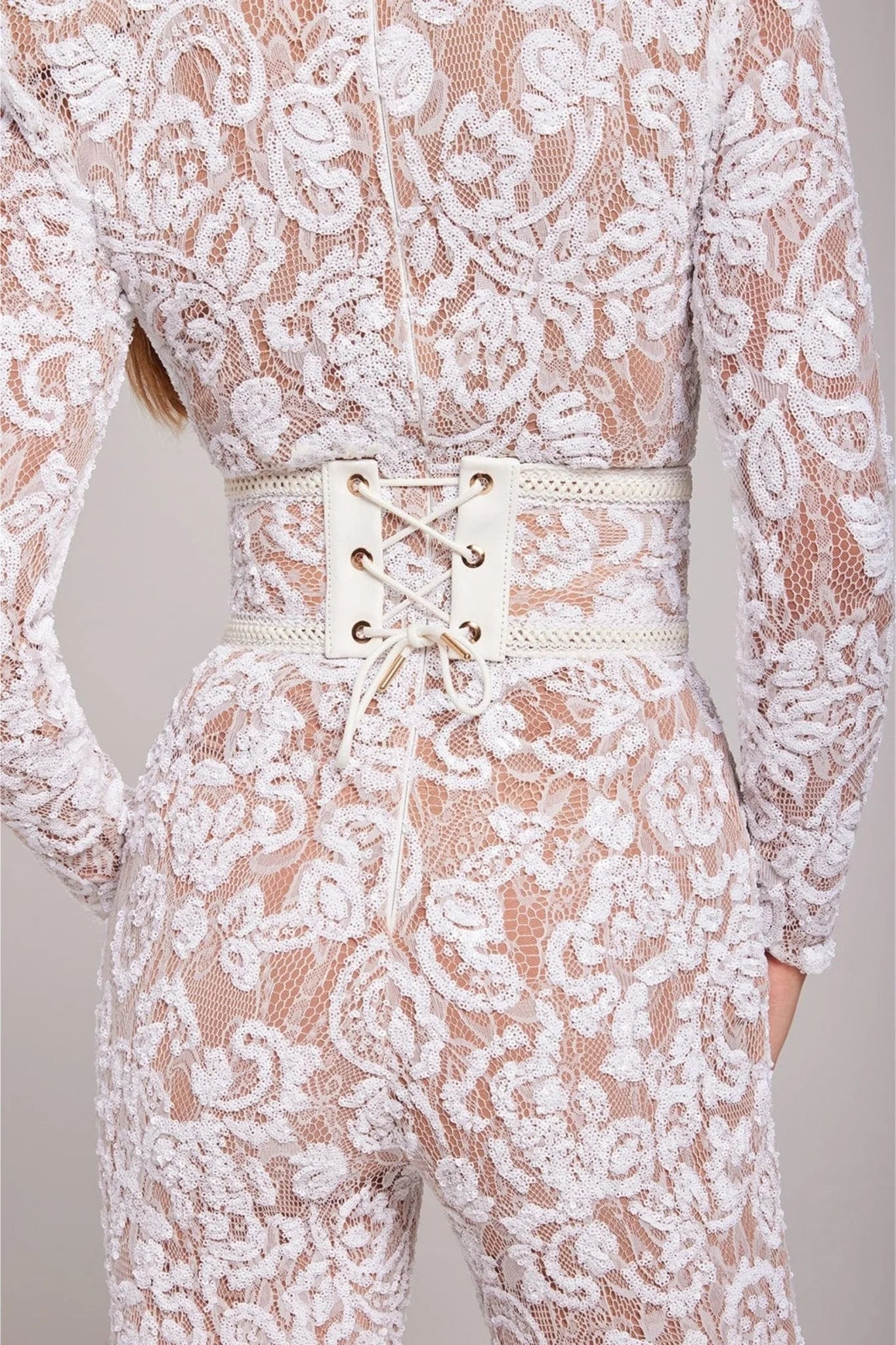 Women’s Long Sleeve Jumpsuit with Sequin Lace Construction