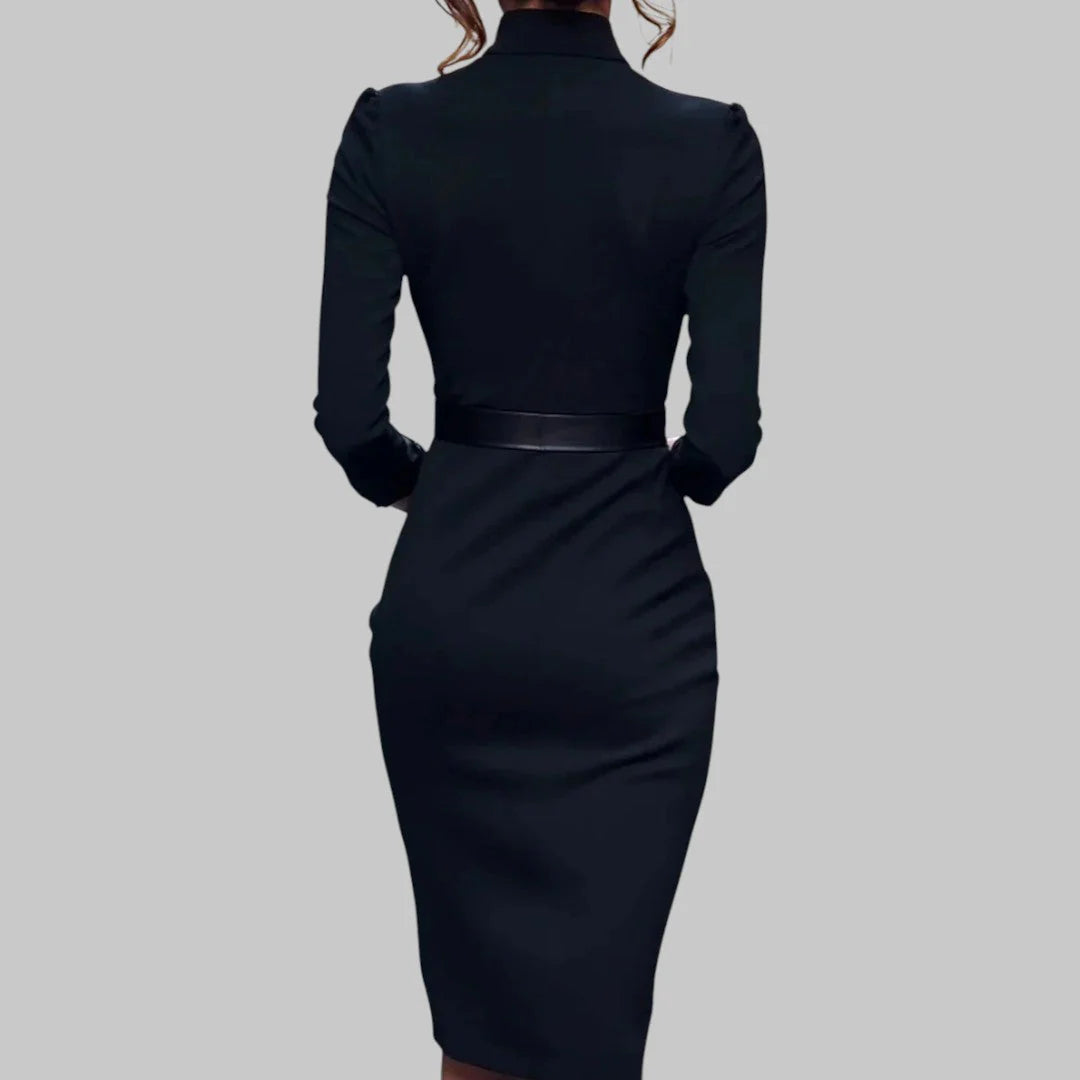 Women’s Long Sleeve Midi Dress with Collar and Belted Waist