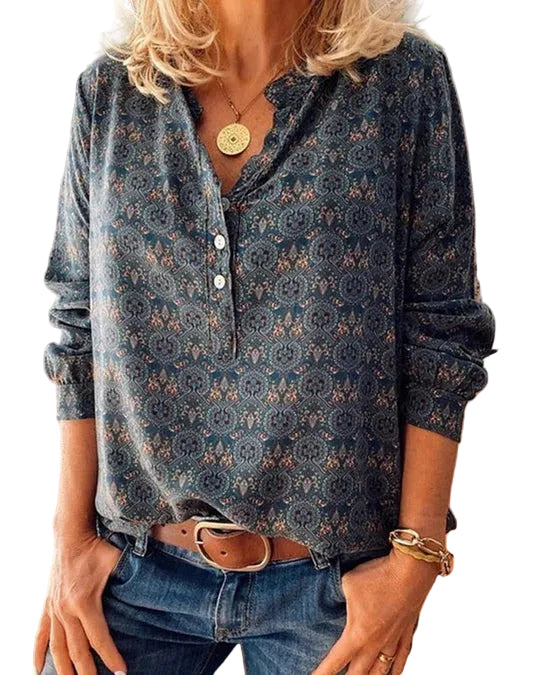 Women’s Long Sleeve Blouse with Split V-neck and Button Detail