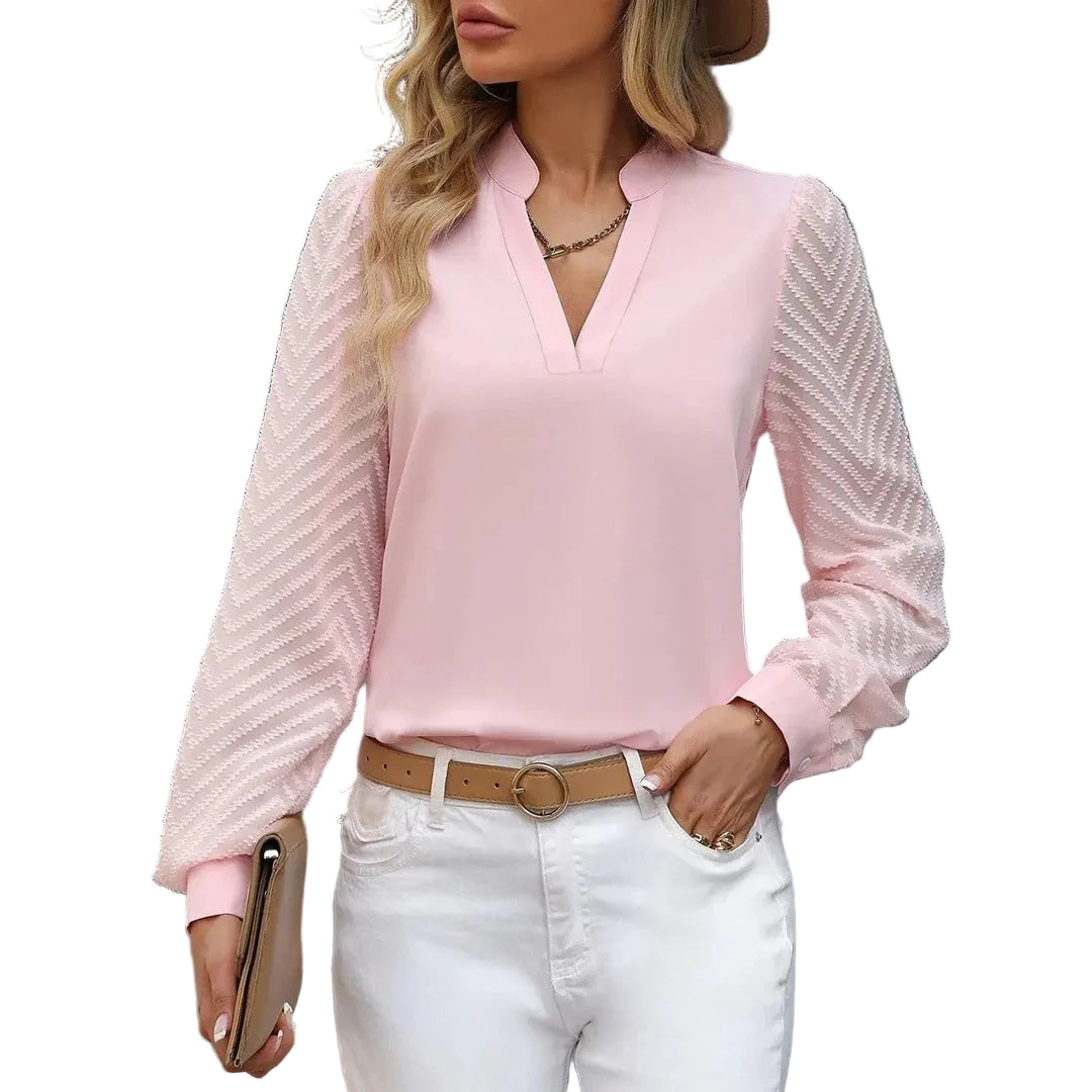 Women’s Long Sleeve Blouse with Split V-neck and Textured Sleeve Detail