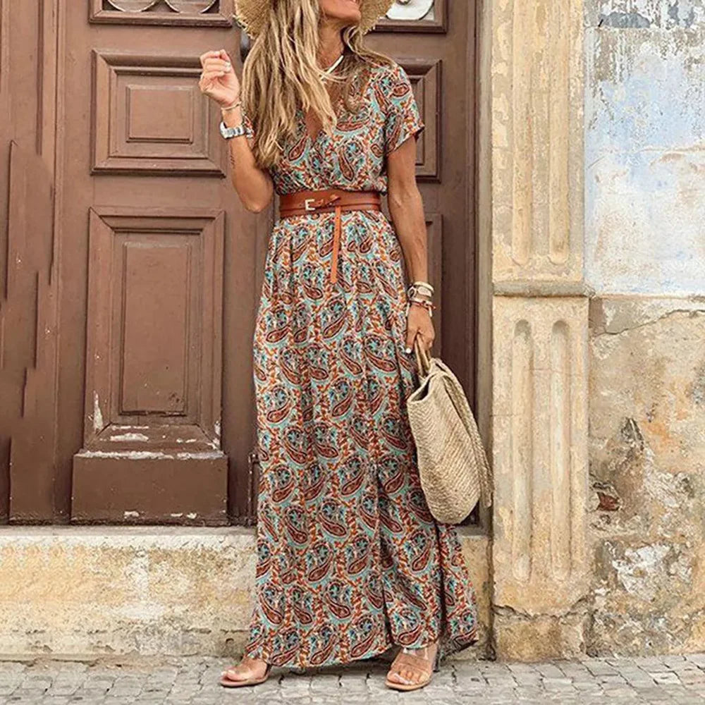 Women’s Maxi Dress with High Side Slit and Printed Design