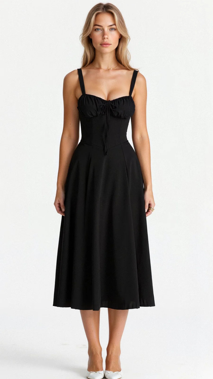 Women’s Midi Dress with Shoulder Straps and Fitted Bodice