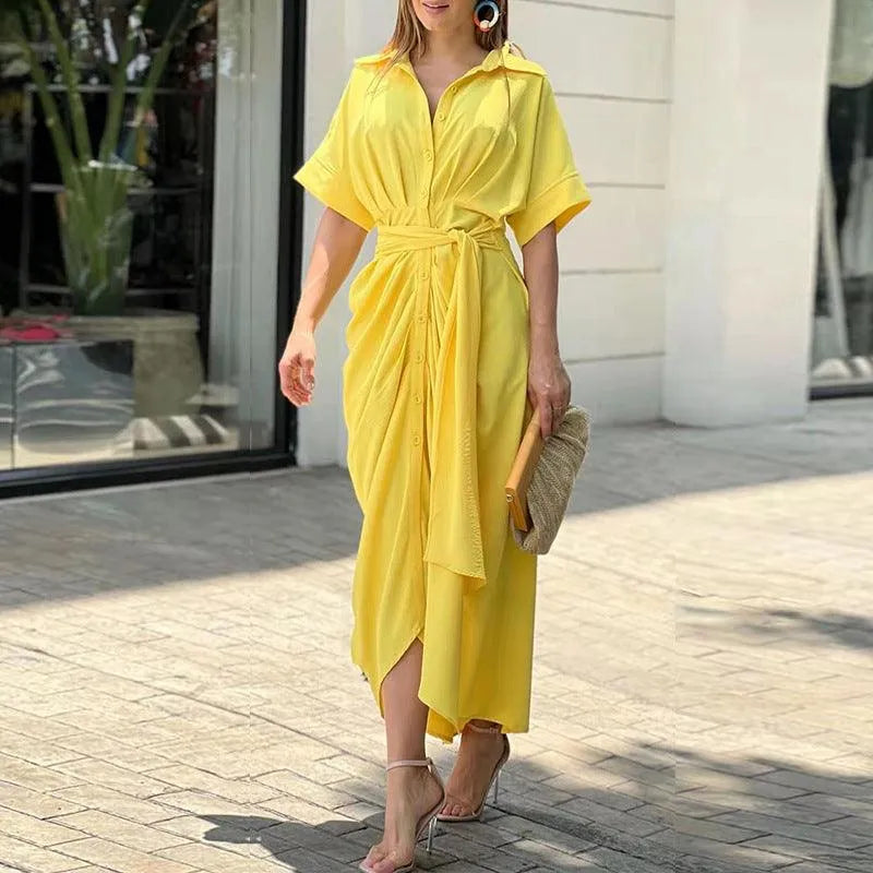 Women’s Midi Dress with Button Front and Tie Waist
