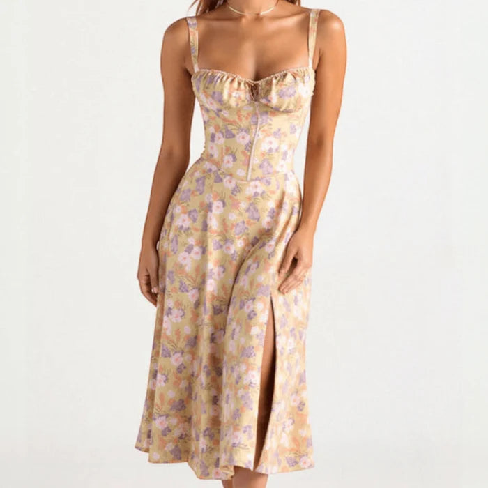 Women’s Midi Dress with Corset Bodice and Flared Skirt