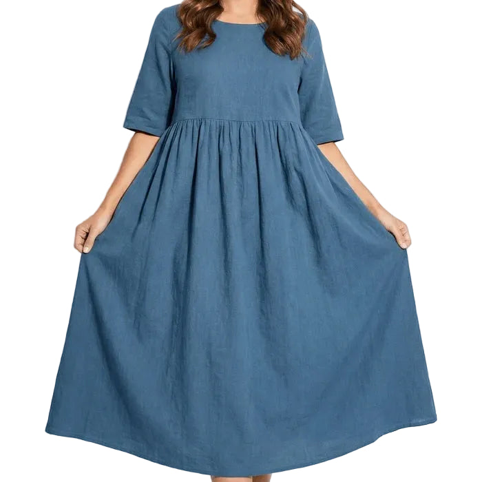Women’s Midi Dress with Short Sleeves and Gathered Waist