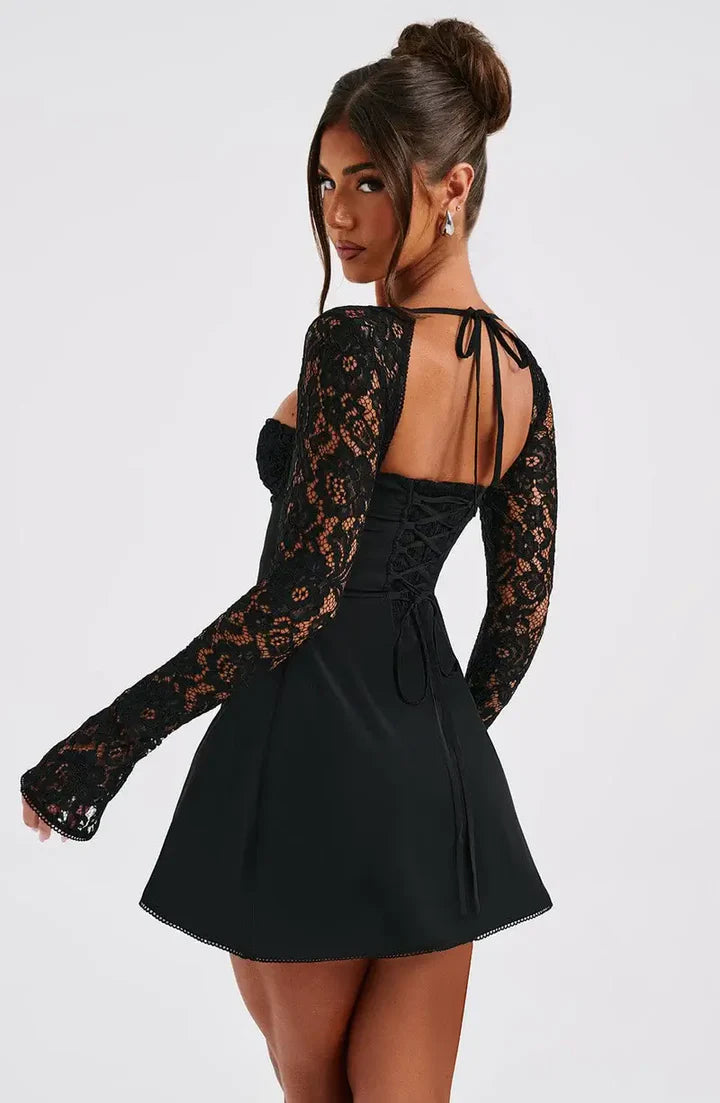 Women’s Mini Dress with Sweetheart Neckline and Lace Sleeves
