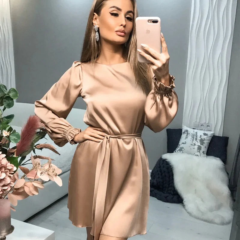Women’s Mini Length Dress with Long Sleeves and Waist Belt
