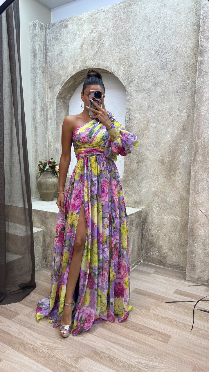 Women’s One-Shoulder Maxi Dress with Floral Print and Side Slit