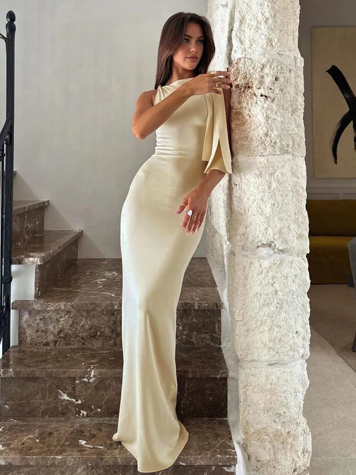 Women’s One Shoulder Dress with Sleeveless Cut and Maxi Length