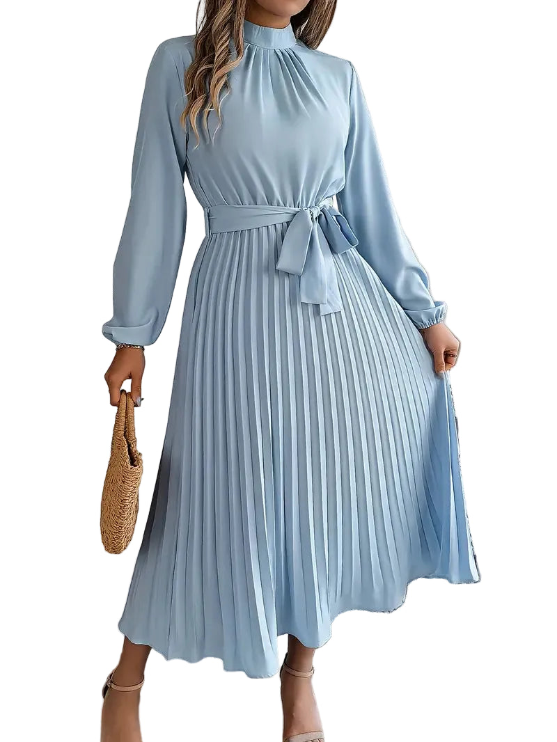 Women’s Pleated Midi Dress with Long Sleeves and Belt
