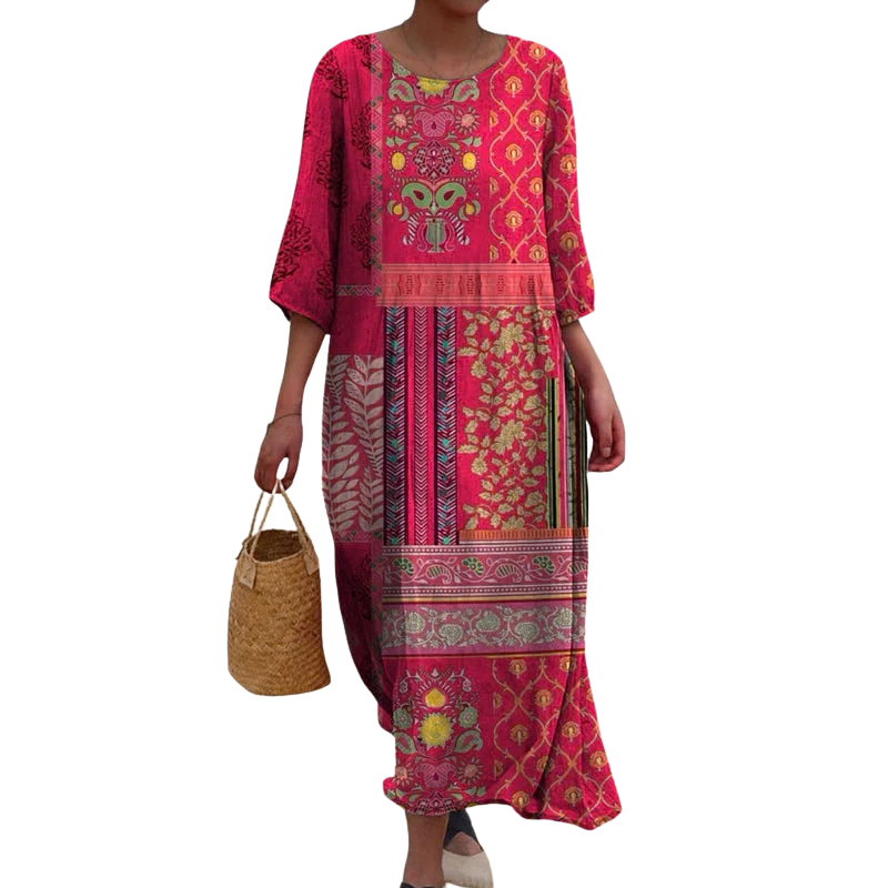 Women’s Printed Maxi Dress with Round Neck and 3/4 Sleeves