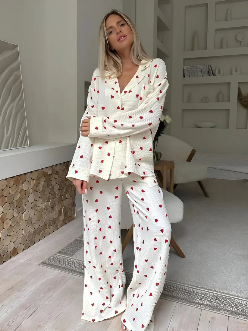 Women’s Printed Pajama Set with Button-Front Long Sleeve Top and Pants