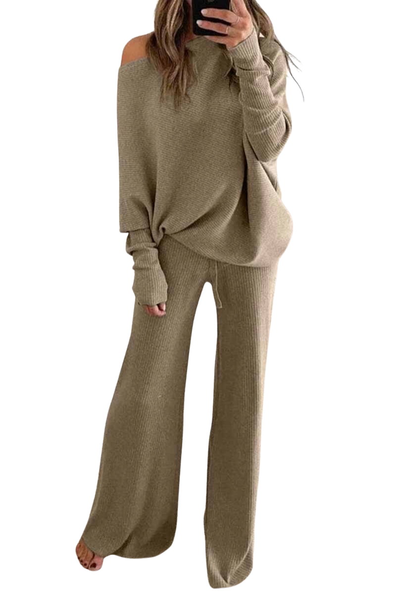 Women’s Ribbed Knit Two-Piece Lounge Set with Long Sleeve Top and Wide Leg Pants