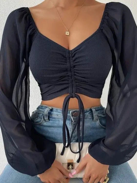 Women’s Ruched Crop Top with Sheer Long Sleeves and Drawstring Front