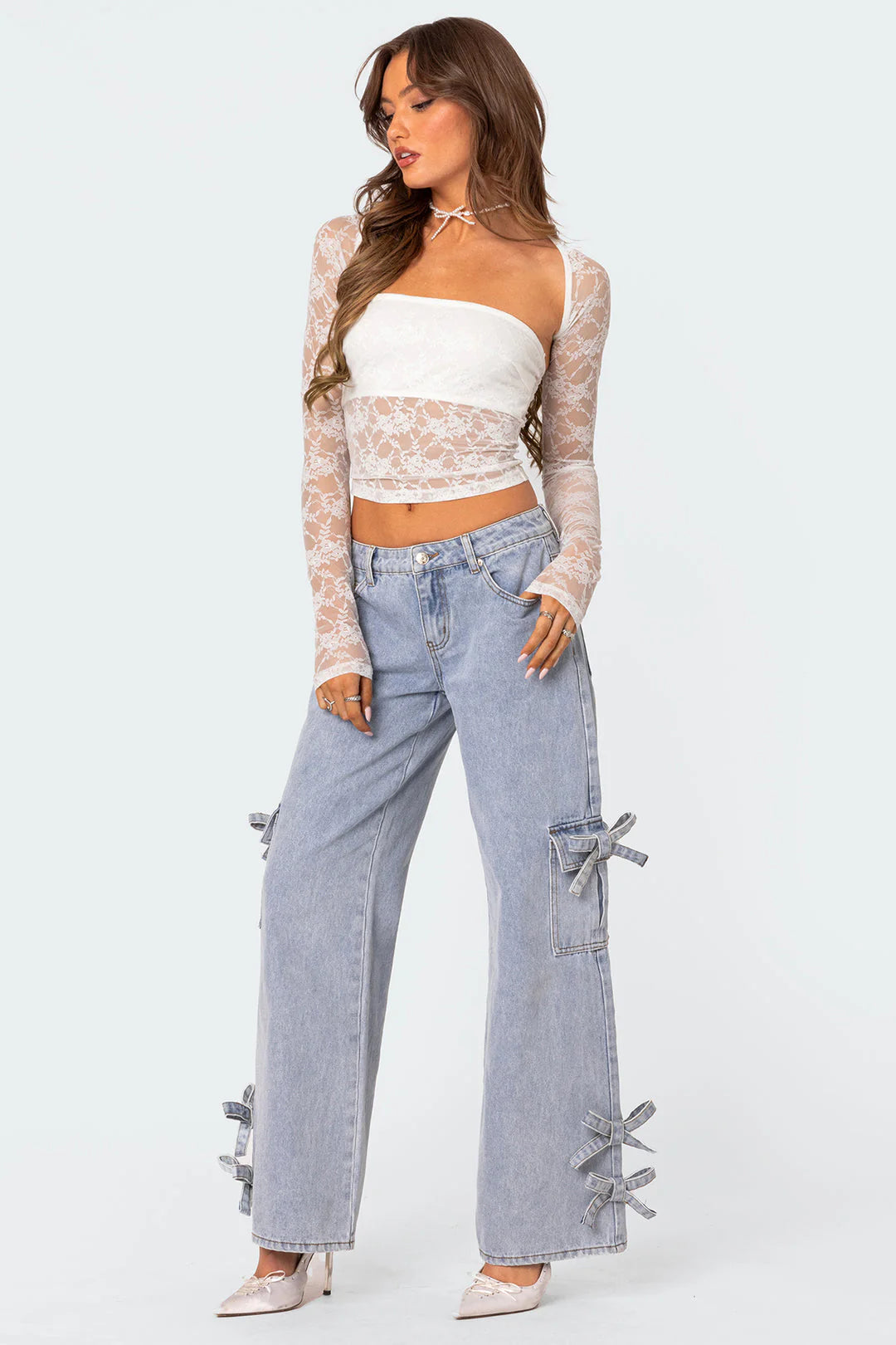 Women’s Sheer Lace Long Sleeve Crop Top with Bandeau Panel