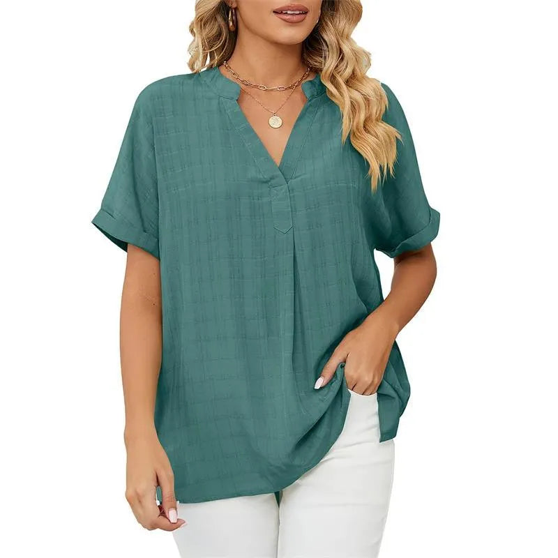 Women’s Short Sleeve Blouse with V-Neck and Textured Fabric