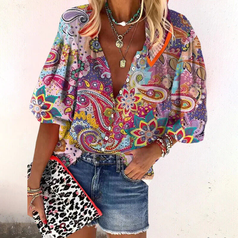 Women’s Short Sleeve Button-Front Blouse with Paisley Floral Print