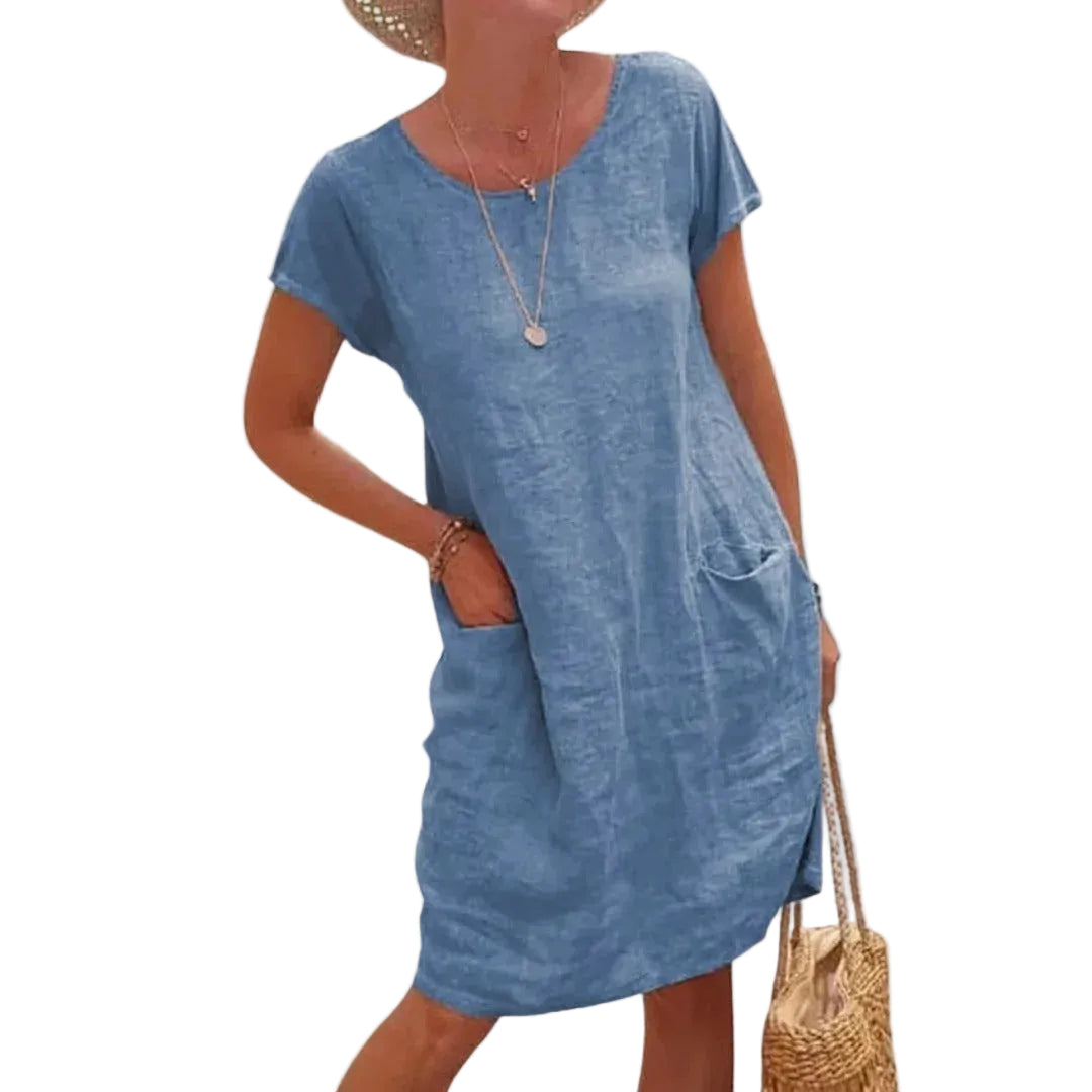 Women’s Short Sleeve Mini Dress with Round Neck and Pockets