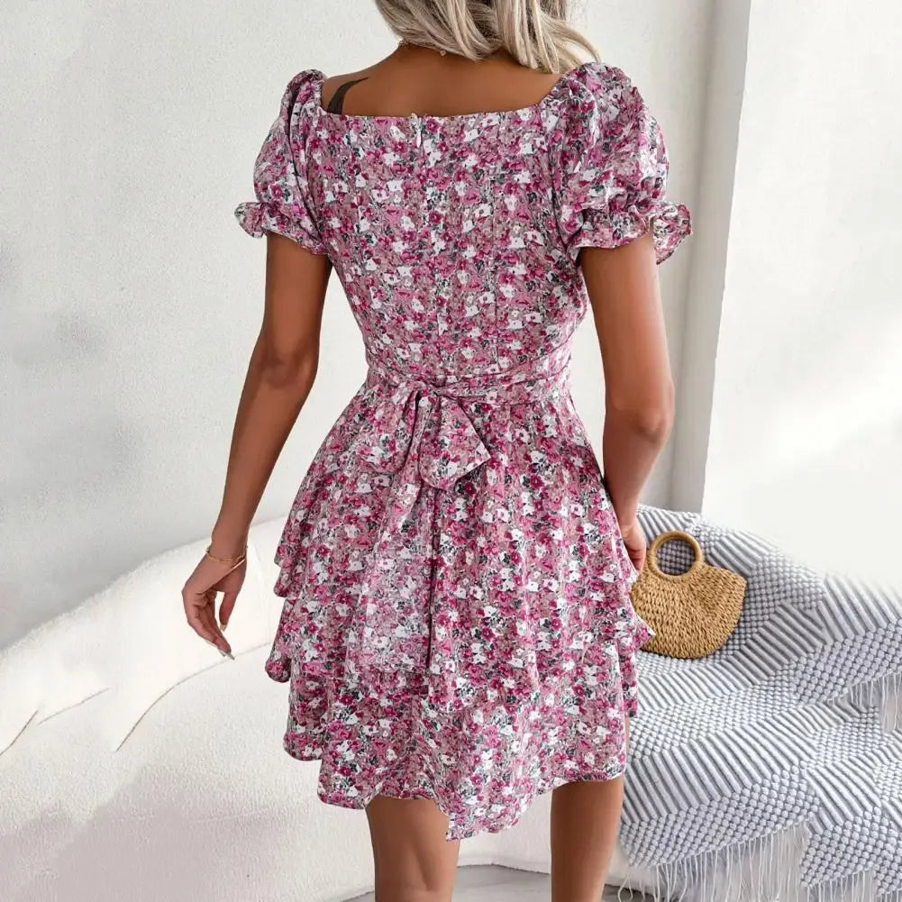 Women’s Short Sleeve Mini Dress with Square Neck and Ruffle Hem