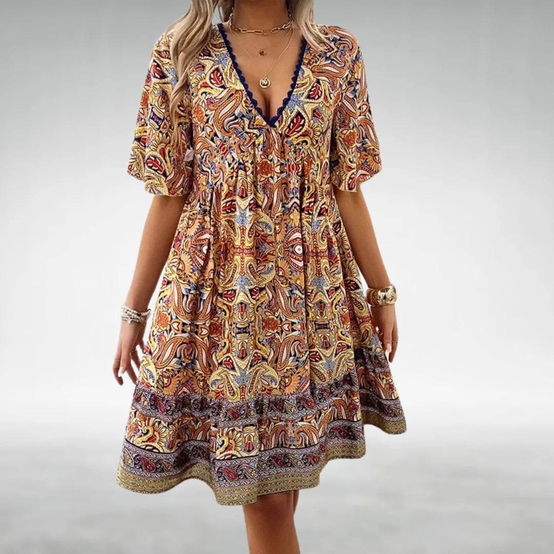 Women’s Short Sleeve Mini Dress with V-Neck and Boho Print