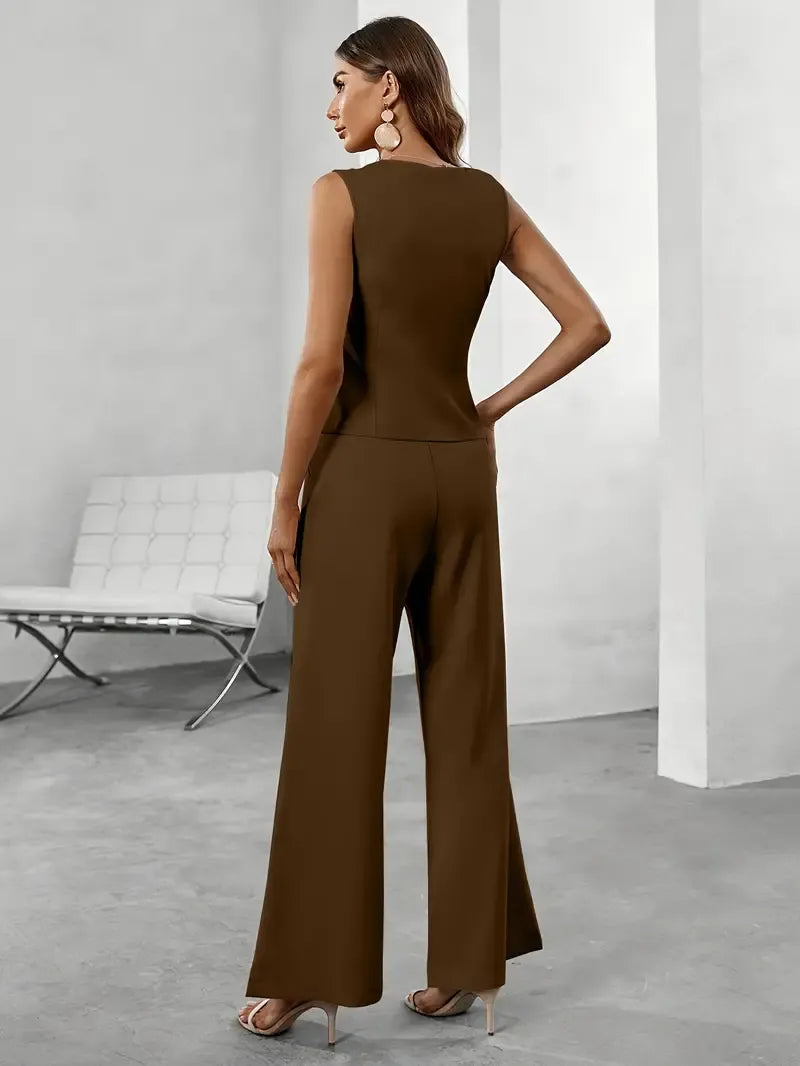 Women’s Sleeveless Jumpsuit with Button Front and Wide Leg